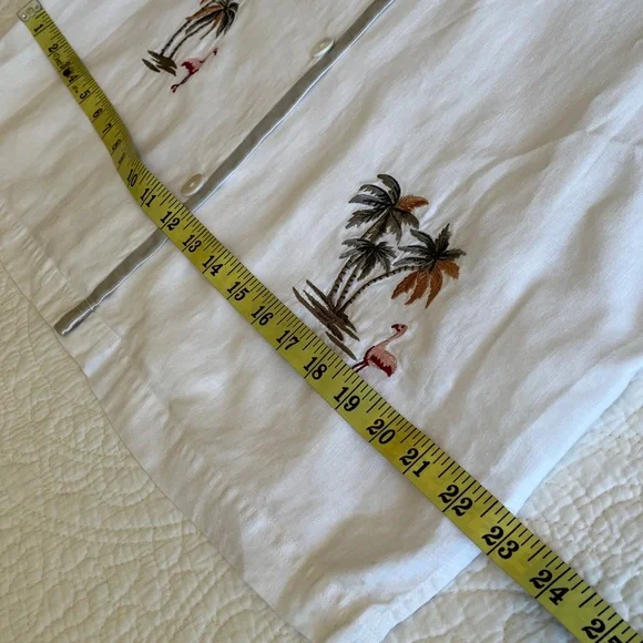 100% Linen Tunic Shirt Jacket Embroidered Flamingo Palm Women’s XL White Preppy - Picture 12 of 15